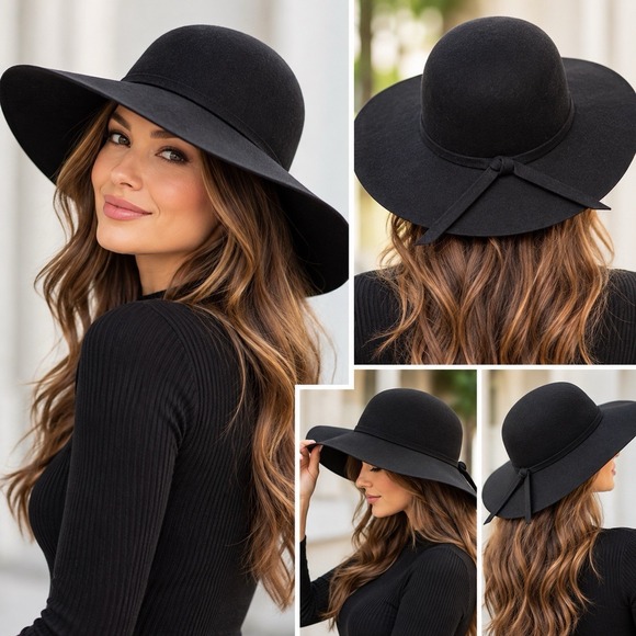 Accessories - Women's Black Wide Brim Felt Hat Round Crown Boho 100% Wool Knotted Band Wide